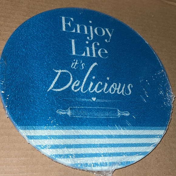 “Enjoy Life it’s Delicious” Blue Striped Cooking Concepts Glass Cutting Board - Picture 2 of 5
